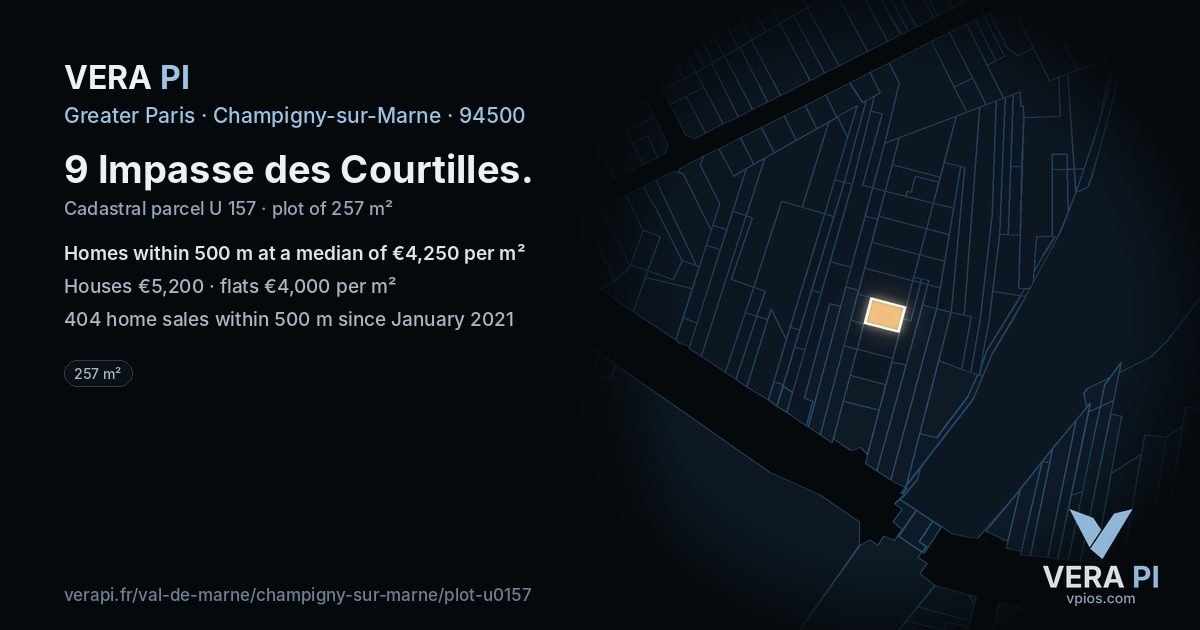 9 Impasse des Courtilles, Champigny-sur-Marne at night – the plot lit, the parcels around coloured by the prices near them