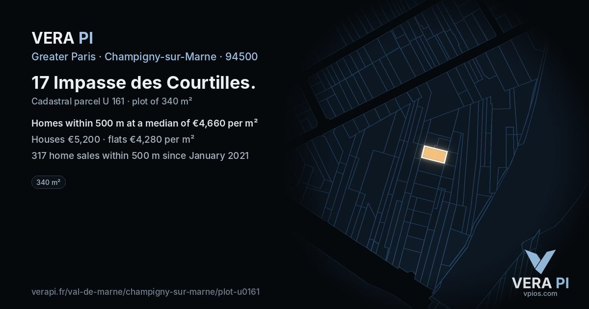 17 Impasse des Courtilles, Champigny-sur-Marne at night – the plot lit, the parcels around coloured by the prices near them