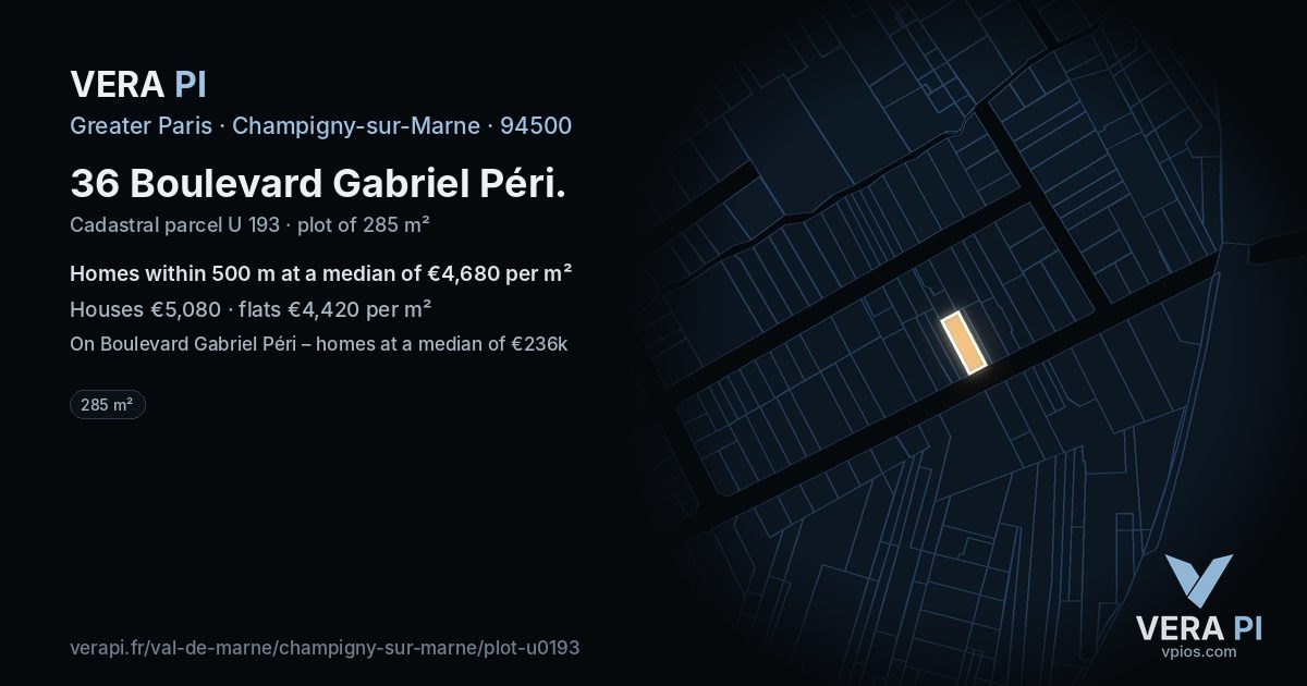 36 Boulevard Gabriel Péri, Champigny-sur-Marne at night – the plot lit, the parcels around coloured by the prices near them