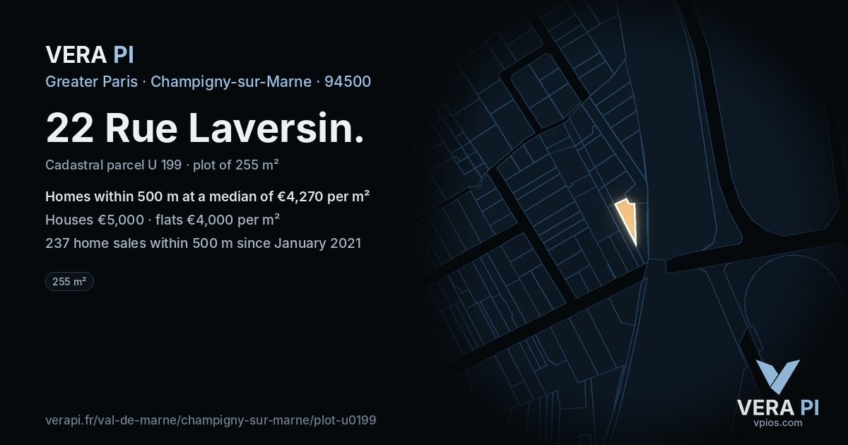 22 Rue Laversin, Champigny-sur-Marne at night – the plot lit, the parcels around coloured by the prices near them