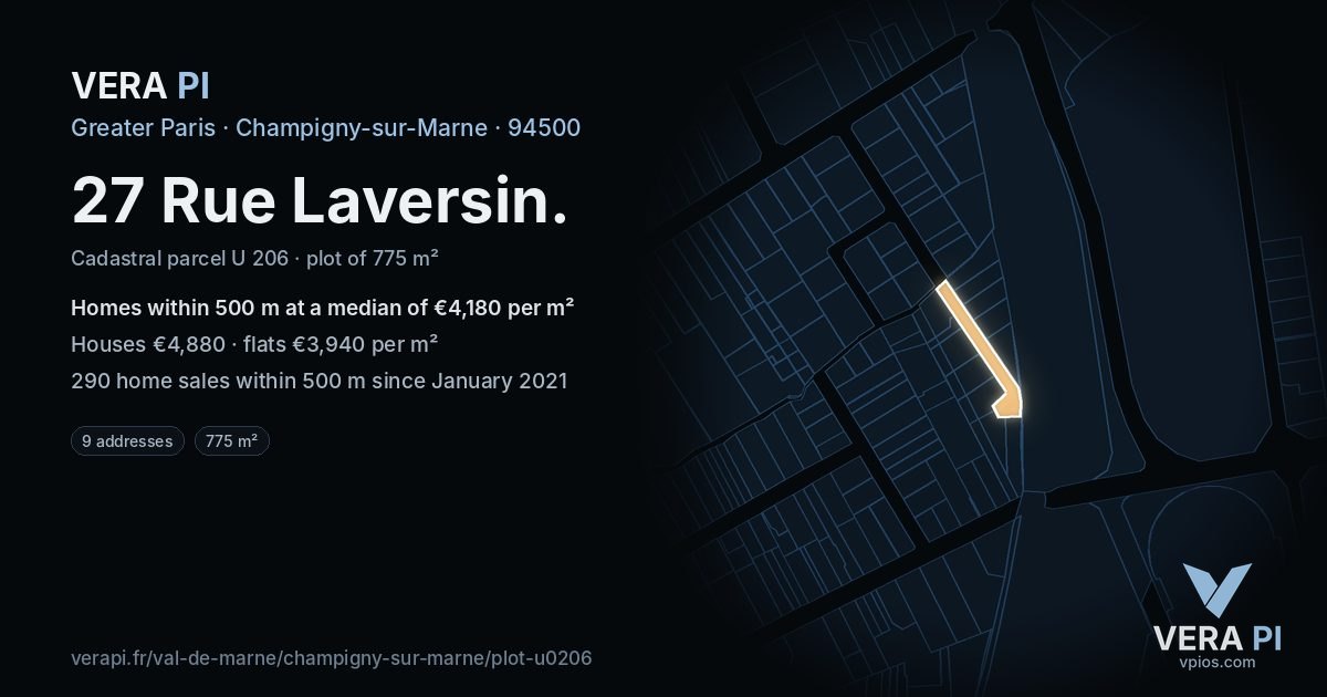 27 Rue Laversin, Champigny-sur-Marne at night – the plot lit, the parcels around coloured by the prices near them