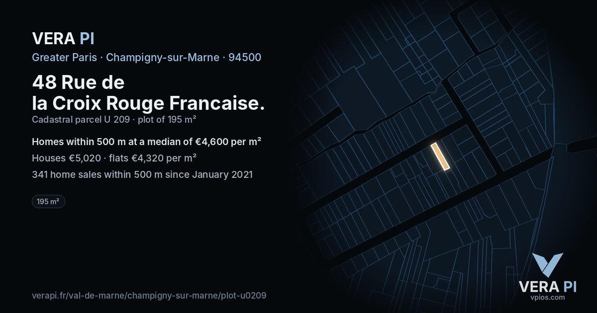 48 Rue de la Croix Rouge Francaise, Champigny-sur-Marne at night – the plot lit, the parcels around coloured by the prices near them