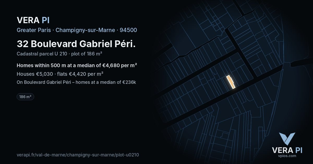 32 Boulevard Gabriel Péri, Champigny-sur-Marne at night – the plot lit, the parcels around coloured by the prices near them