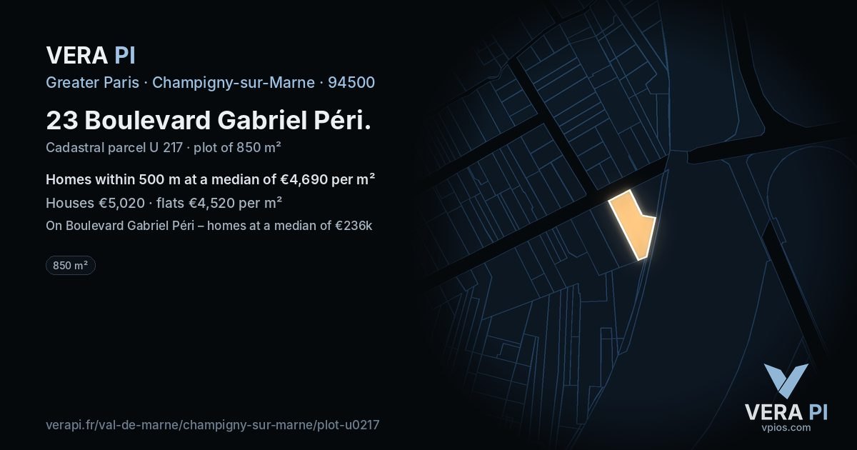 23 Boulevard Gabriel Péri, Champigny-sur-Marne at night – the plot lit, the parcels around coloured by the prices near them