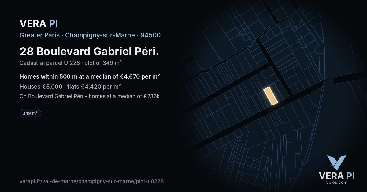 28 Boulevard Gabriel Péri, Champigny-sur-Marne at night – the plot lit, the parcels around coloured by the prices near them