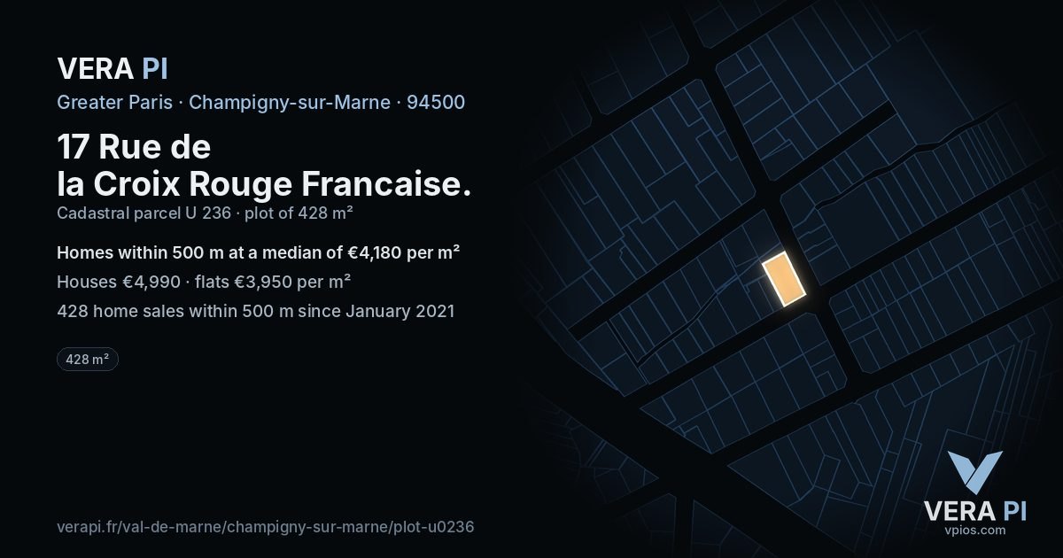 17 Rue de la Croix Rouge Francaise, Champigny-sur-Marne at night – the plot lit, the parcels around coloured by the prices near them