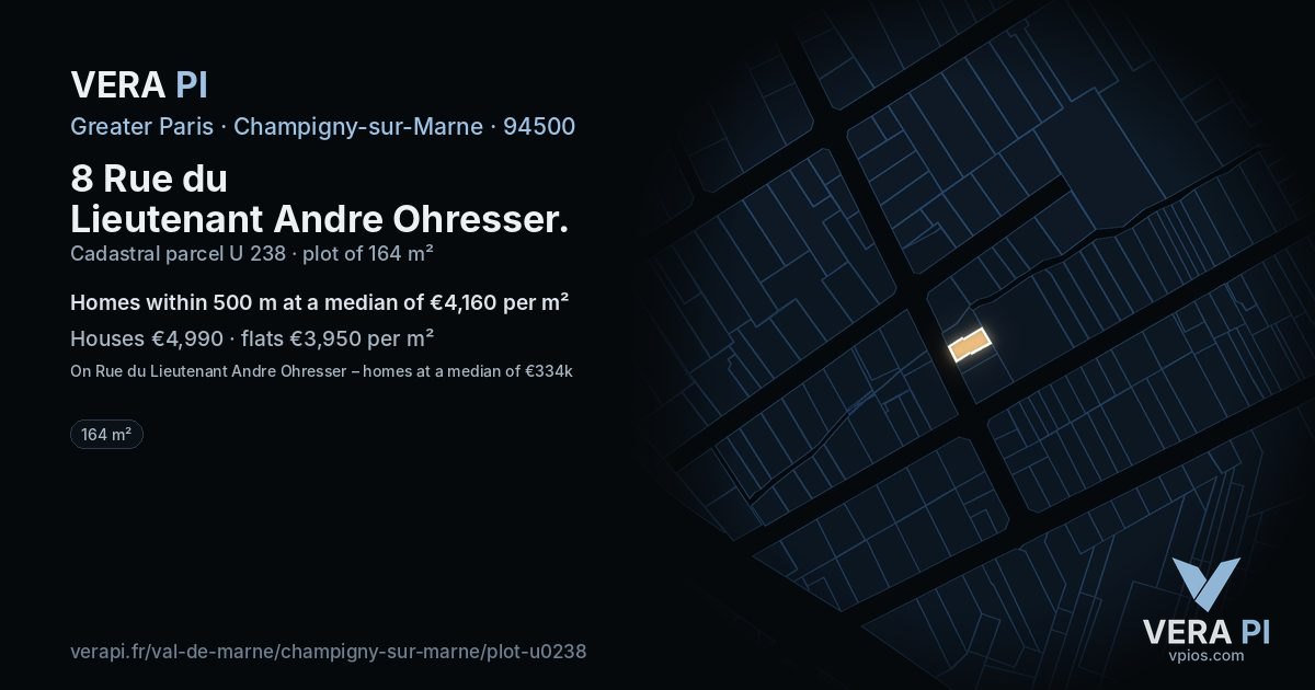 8 Rue du Lieutenant Andre Ohresser, Champigny-sur-Marne at night – the plot lit, the parcels around coloured by the prices near them