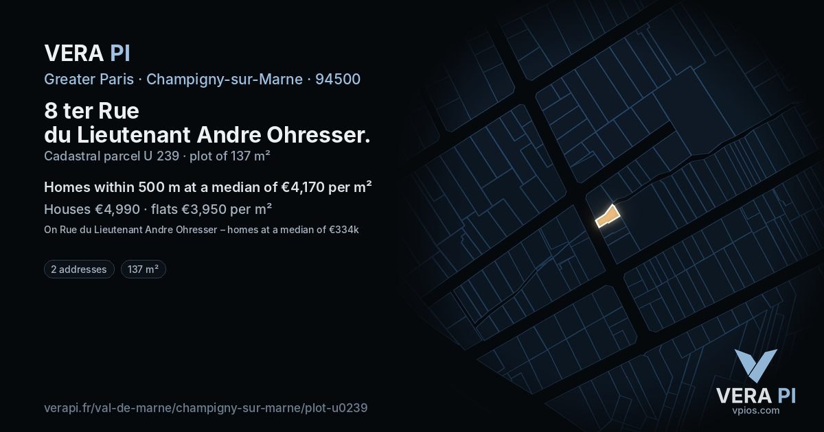 8 ter Rue du Lieutenant Andre Ohresser, Champigny-sur-Marne at night – the plot lit, the parcels around coloured by the prices near them