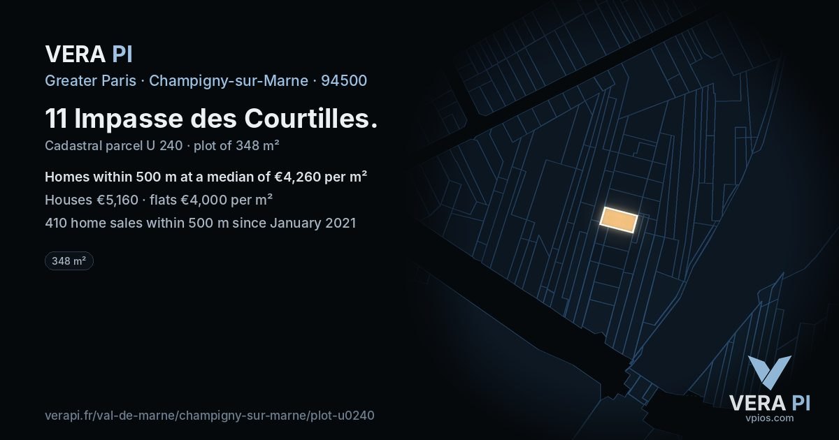 11 Impasse des Courtilles, Champigny-sur-Marne at night – the plot lit, the parcels around coloured by the prices near them