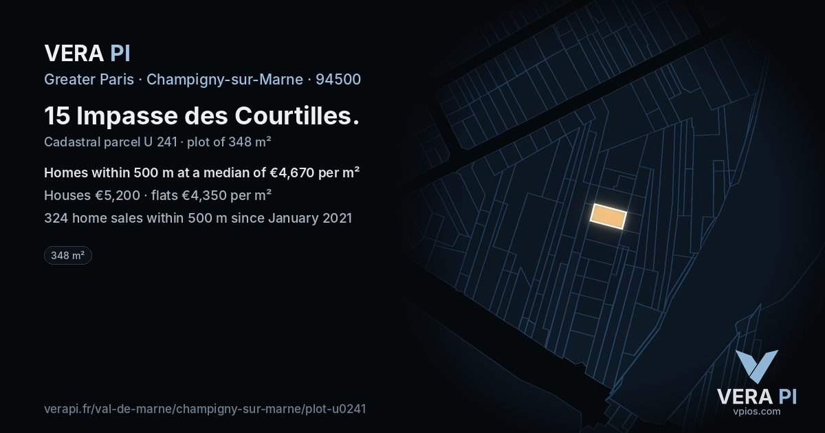 15 Impasse des Courtilles, Champigny-sur-Marne at night – the plot lit, the parcels around coloured by the prices near them