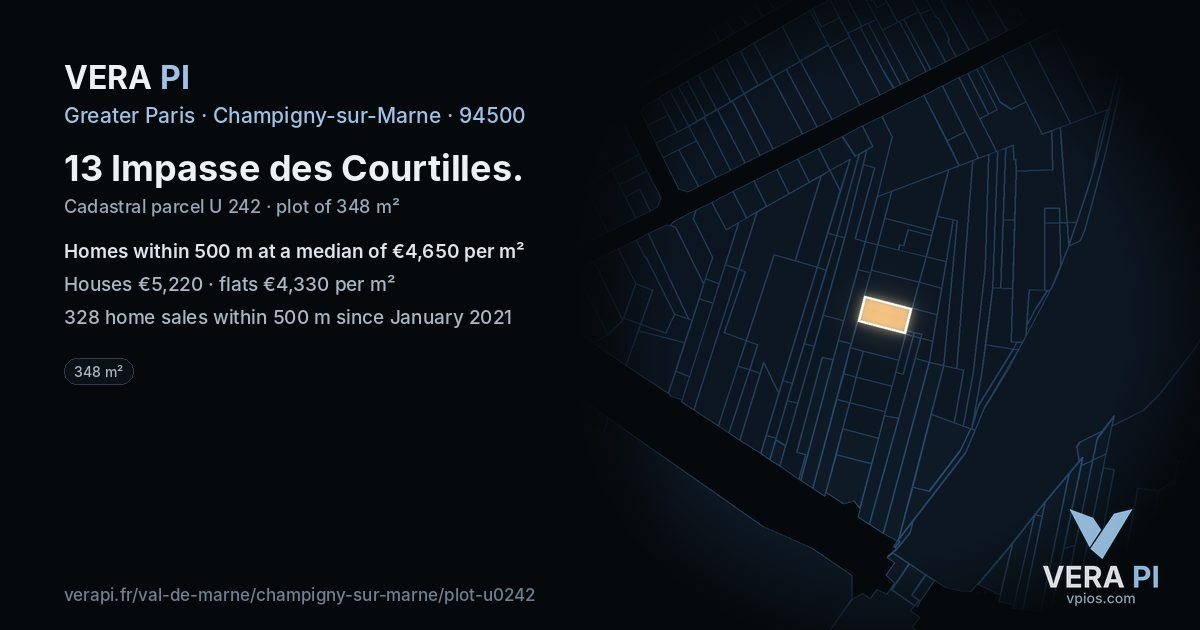 13 Impasse des Courtilles, Champigny-sur-Marne at night – the plot lit, the parcels around coloured by the prices near them