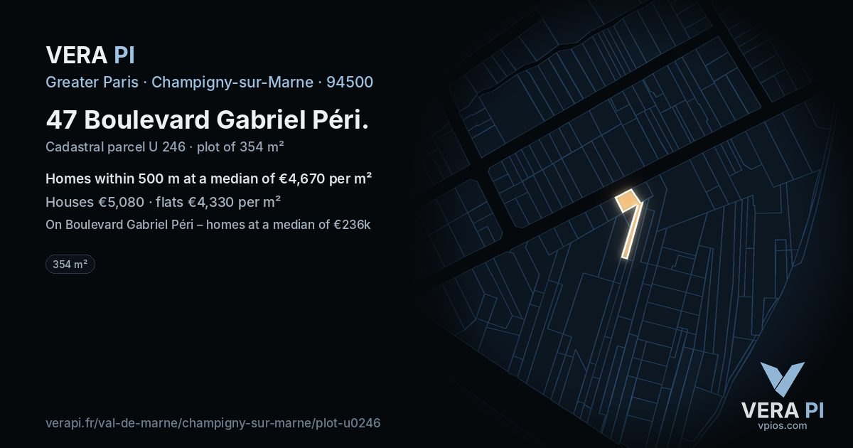 47 Boulevard Gabriel Péri, Champigny-sur-Marne at night – the plot lit, the parcels around coloured by the prices near them