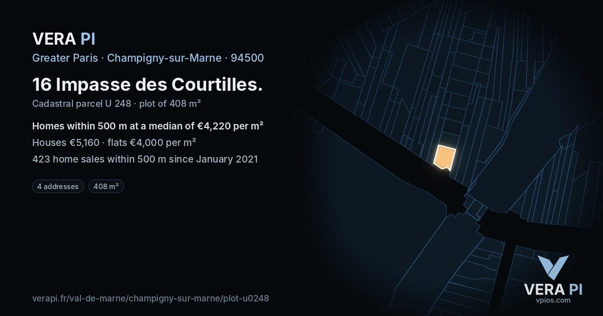 16 Impasse des Courtilles, Champigny-sur-Marne at night – the plot lit, the parcels around coloured by the prices near them