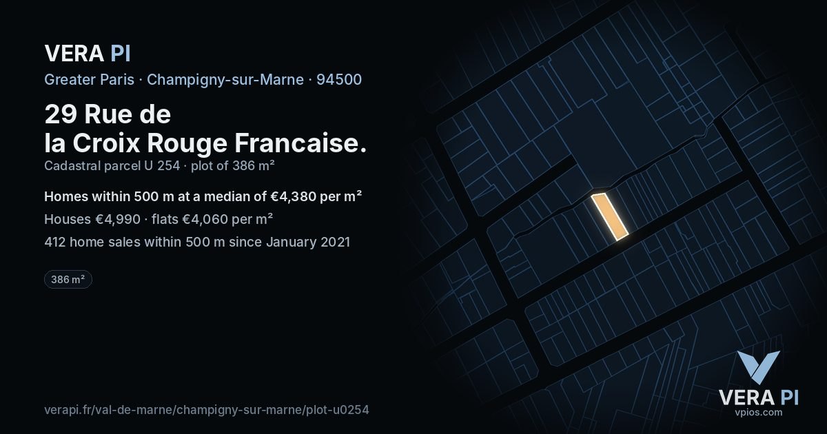 29 Rue de la Croix Rouge Francaise, Champigny-sur-Marne at night – the plot lit, the parcels around coloured by the prices near them