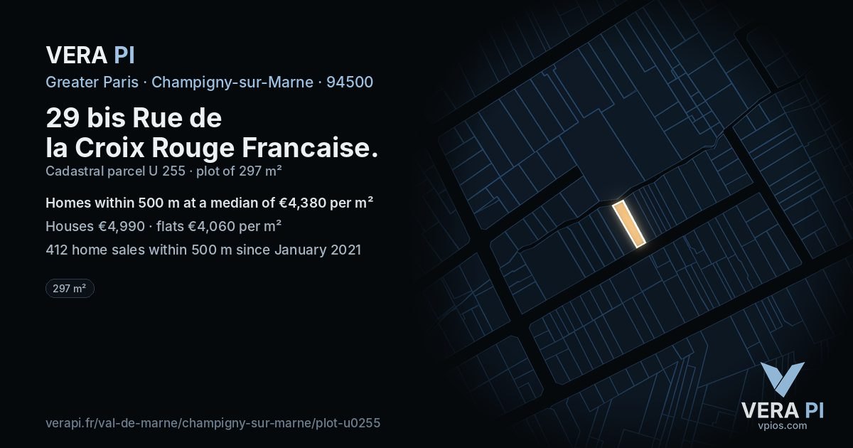 29 bis Rue de la Croix Rouge Francaise, Champigny-sur-Marne at night – the plot lit, the parcels around coloured by the prices near them