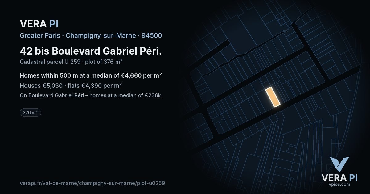 42 bis Boulevard Gabriel Péri, Champigny-sur-Marne at night – the plot lit, the parcels around coloured by the prices near them