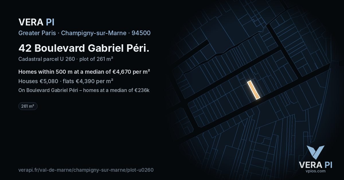42 Boulevard Gabriel Péri, Champigny-sur-Marne at night – the plot lit, the parcels around coloured by the prices near them