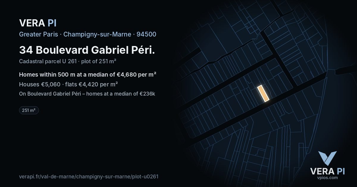 34 Boulevard Gabriel Péri, Champigny-sur-Marne at night – the plot lit, the parcels around coloured by the prices near them