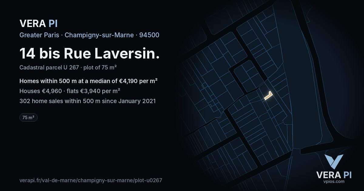 14 bis Rue Laversin, Champigny-sur-Marne at night – the plot lit, the parcels around coloured by the prices near them