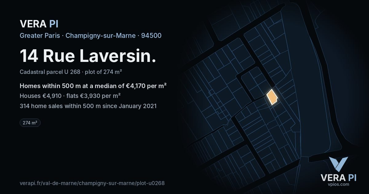 14 Rue Laversin, Champigny-sur-Marne at night – the plot lit, the parcels around coloured by the prices near them