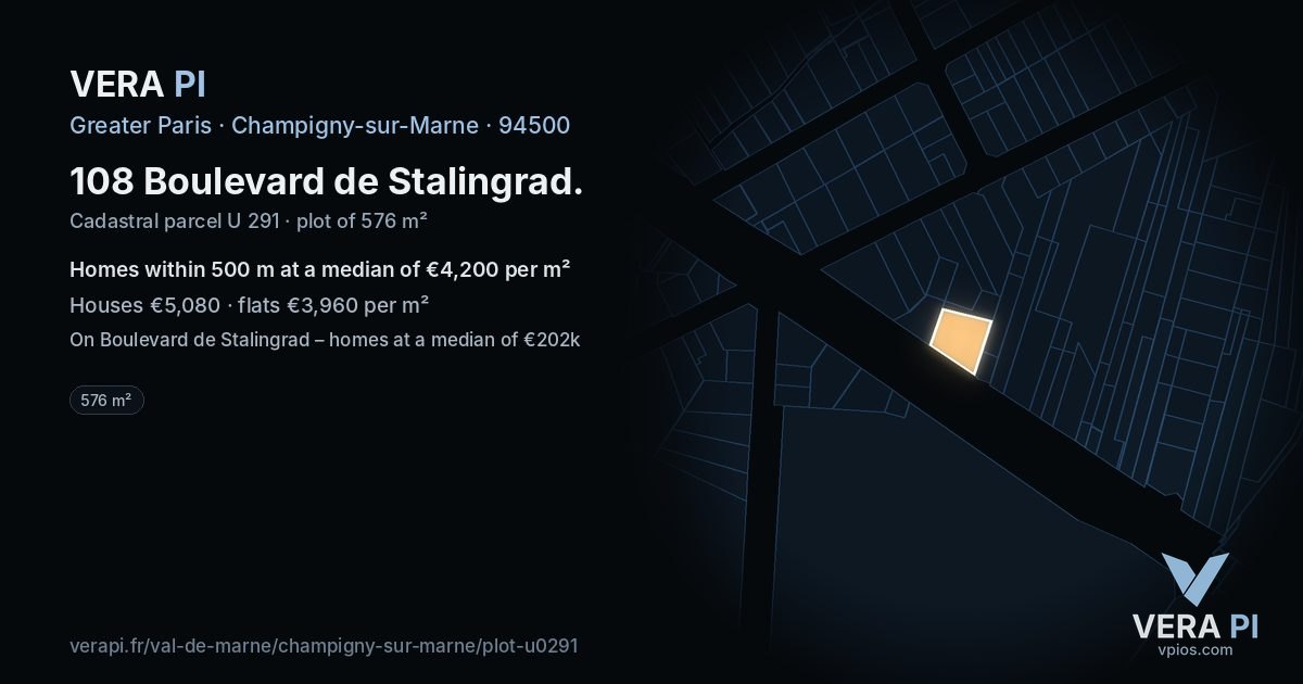 108 Boulevard de Stalingrad, Champigny-sur-Marne at night – the plot lit, the parcels around coloured by the prices near them