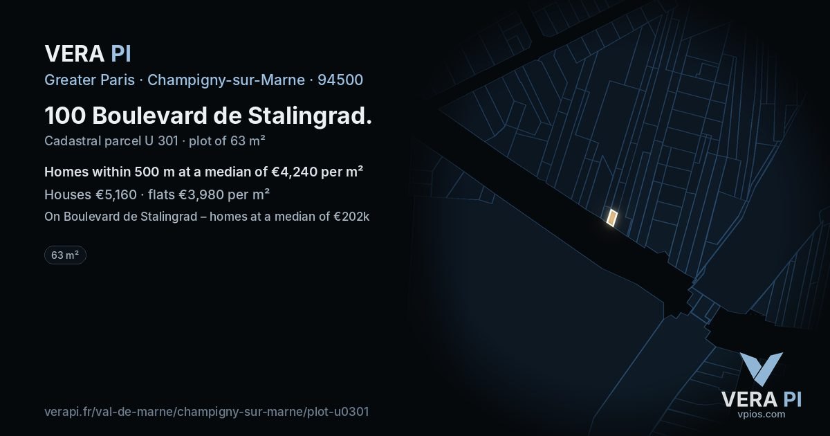 100 Boulevard de Stalingrad, Champigny-sur-Marne at night – the plot lit, the parcels around coloured by the prices near them