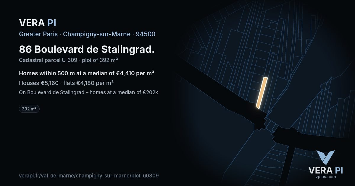 86 Boulevard de Stalingrad, Champigny-sur-Marne at night – the plot lit, the parcels around coloured by the prices near them