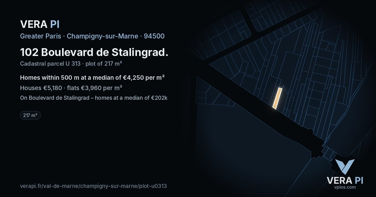 102 Boulevard de Stalingrad, Champigny-sur-Marne at night – the plot lit, the parcels around coloured by the prices near them