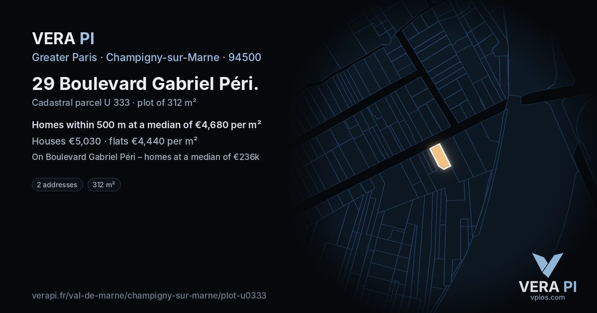 29 Boulevard Gabriel Péri, Champigny-sur-Marne at night – the plot lit, the parcels around coloured by the prices near them