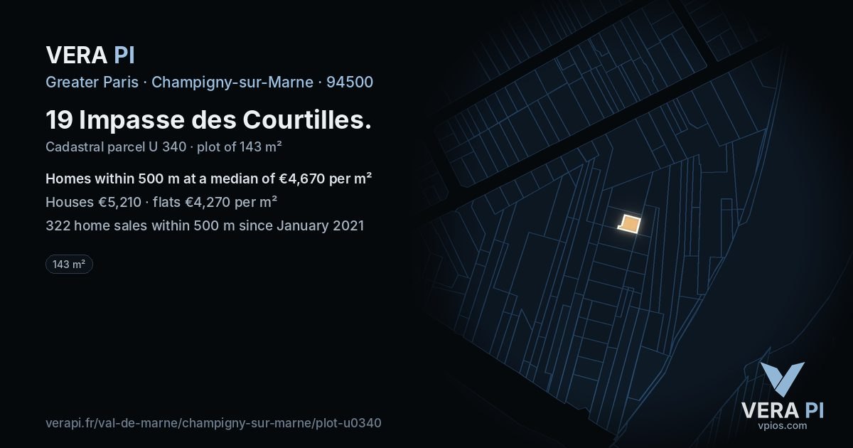 19 Impasse des Courtilles, Champigny-sur-Marne at night – the plot lit, the parcels around coloured by the prices near them