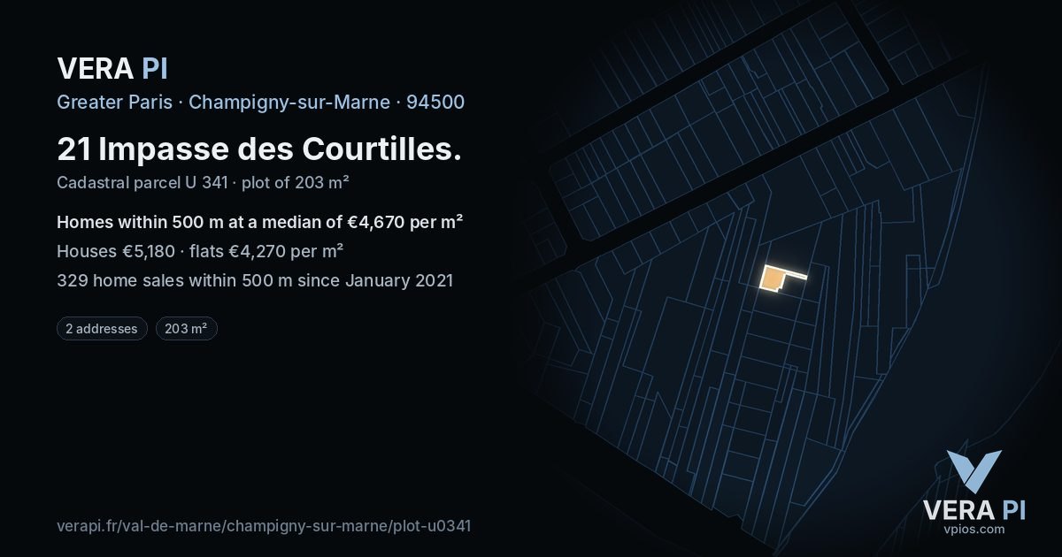 21 Impasse des Courtilles, Champigny-sur-Marne at night – the plot lit, the parcels around coloured by the prices near them