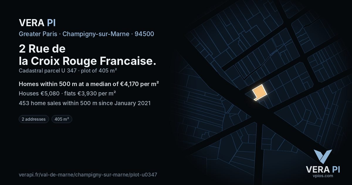 2 Rue de la Croix Rouge Francaise, Champigny-sur-Marne at night – the plot lit, the parcels around coloured by the prices near them