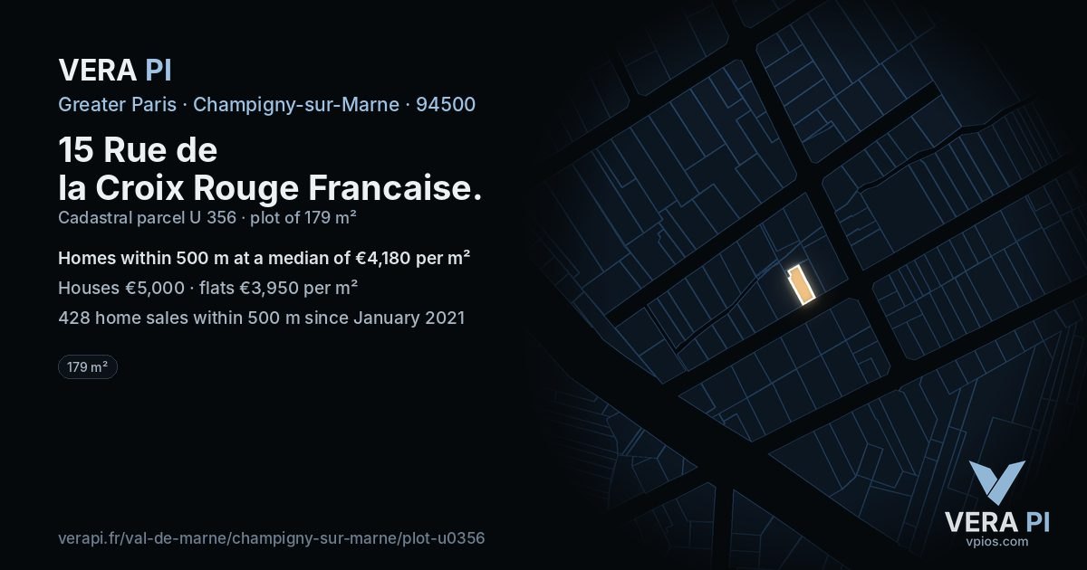15 Rue de la Croix Rouge Francaise, Champigny-sur-Marne at night – the plot lit, the parcels around coloured by the prices near them