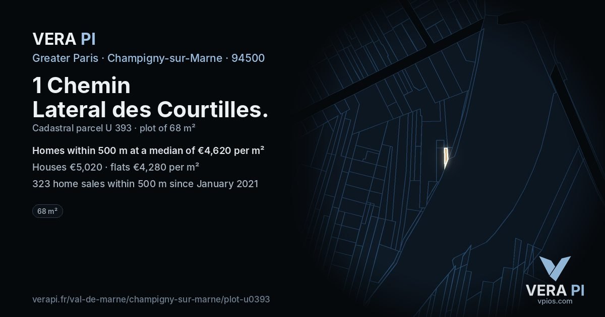 1 Chemin Lateral des Courtilles, Champigny-sur-Marne at night – the plot lit, the parcels around coloured by the prices near them