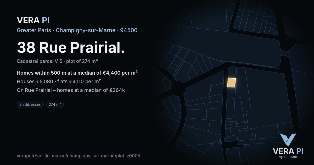 38 Rue Prairial, Champigny-sur-Marne at night – the plot lit, the parcels around coloured by the prices near them