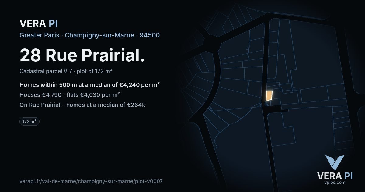 28 Rue Prairial, Champigny-sur-Marne at night – the plot lit, the parcels around coloured by the prices near them
