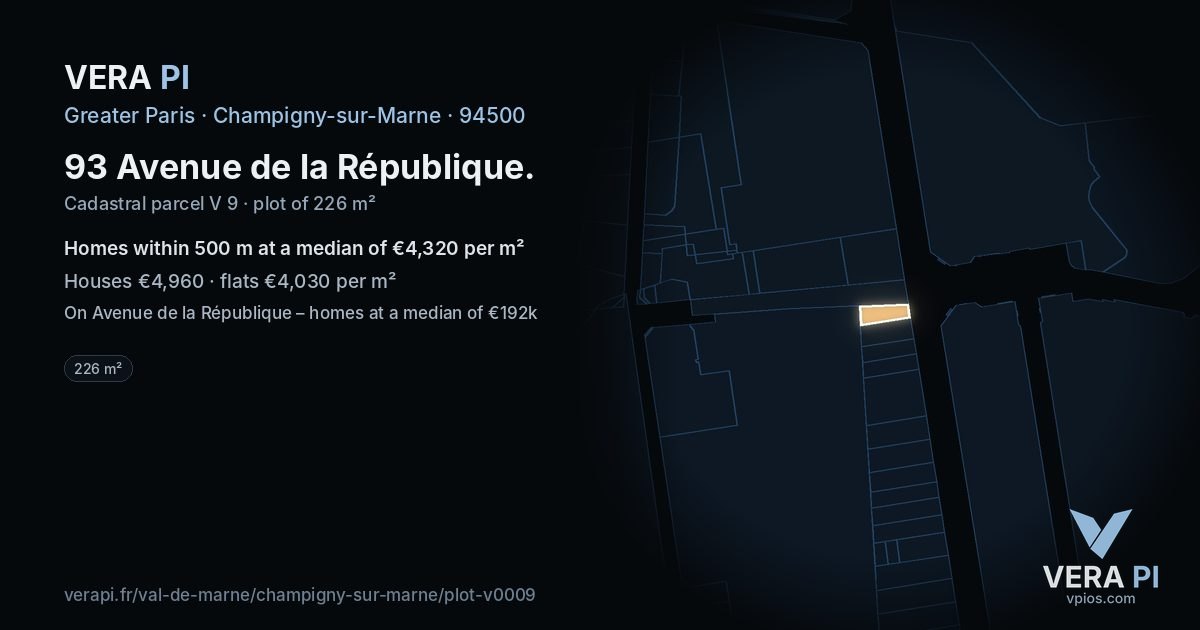 93 Avenue de la République, Champigny-sur-Marne at night – the plot lit, the parcels around coloured by the prices near them