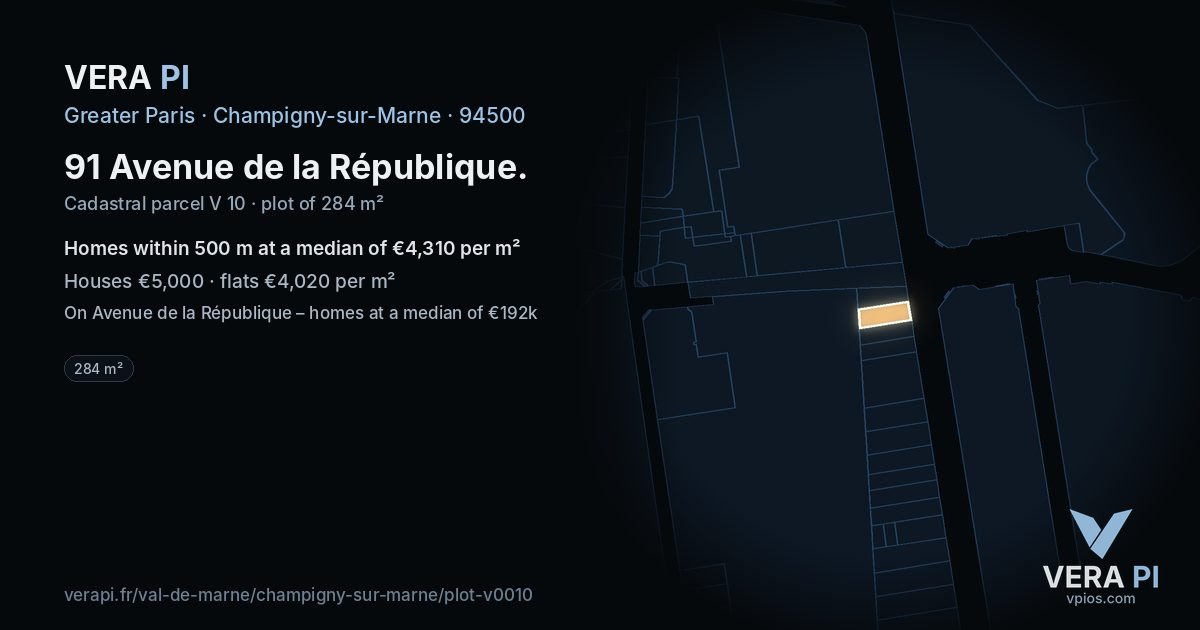 91 Avenue de la République, Champigny-sur-Marne at night – the plot lit, the parcels around coloured by the prices near them