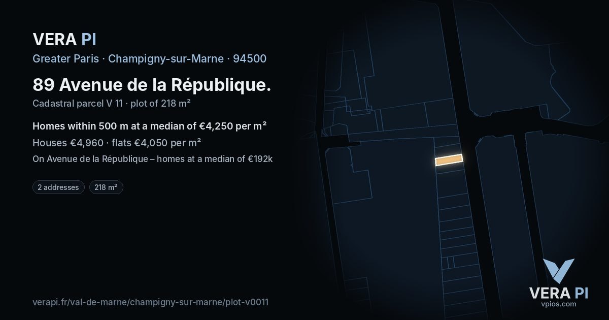 89 Avenue de la République, Champigny-sur-Marne at night – the plot lit, the parcels around coloured by the prices near them