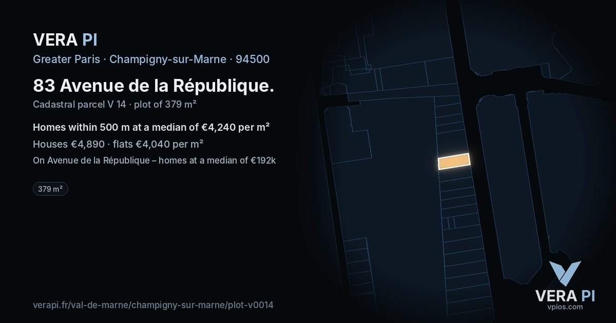 83 Avenue de la République, Champigny-sur-Marne at night – the plot lit, the parcels around coloured by the prices near them
