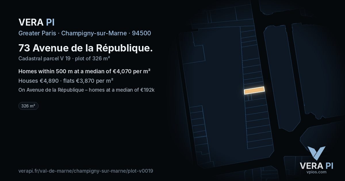 73 Avenue de la République, Champigny-sur-Marne at night – the plot lit, the parcels around coloured by the prices near them