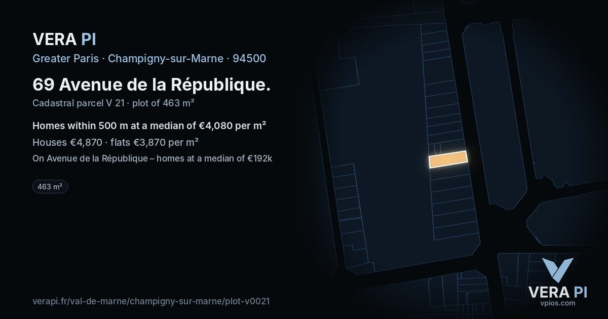 69 Avenue de la République, Champigny-sur-Marne at night – the plot lit, the parcels around coloured by the prices near them