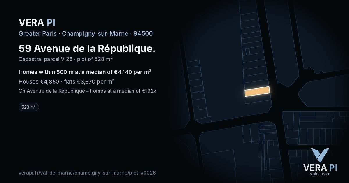 59 Avenue de la République, Champigny-sur-Marne at night – the plot lit, the parcels around coloured by the prices near them