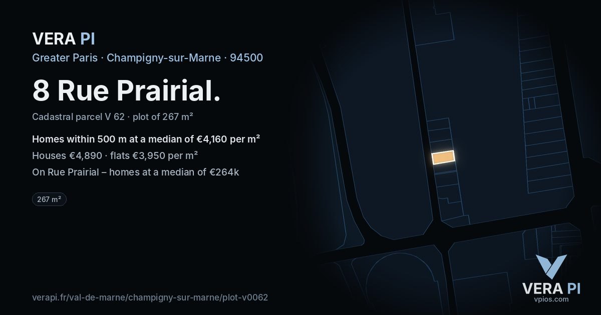 8 Rue Prairial, Champigny-sur-Marne at night – the plot lit, the parcels around coloured by the prices near them