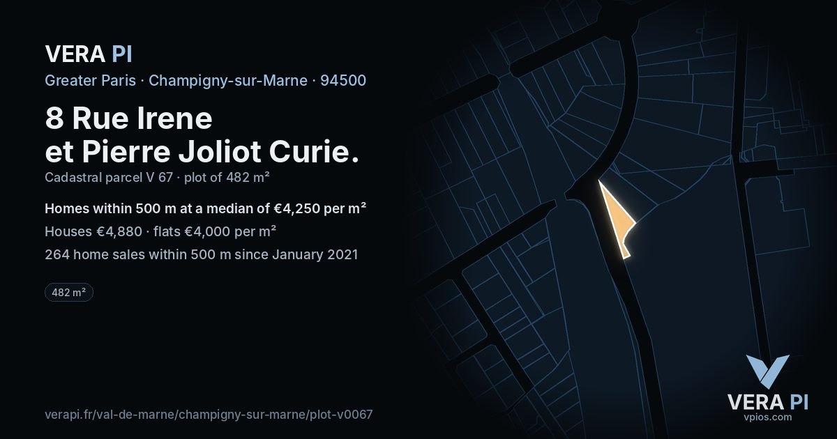 8 Rue Irene et Pierre Joliot Curie, Champigny-sur-Marne at night – the plot lit, the parcels around coloured by the prices near them