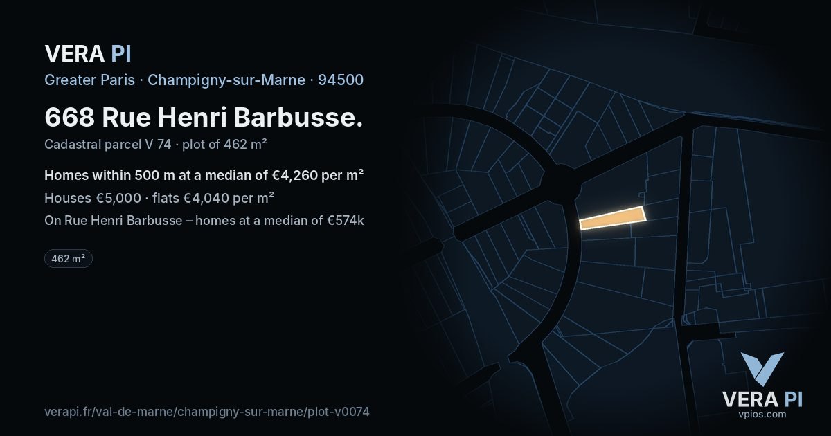 668 Rue Henri Barbusse, Champigny-sur-Marne at night – the plot lit, the parcels around coloured by the prices near them