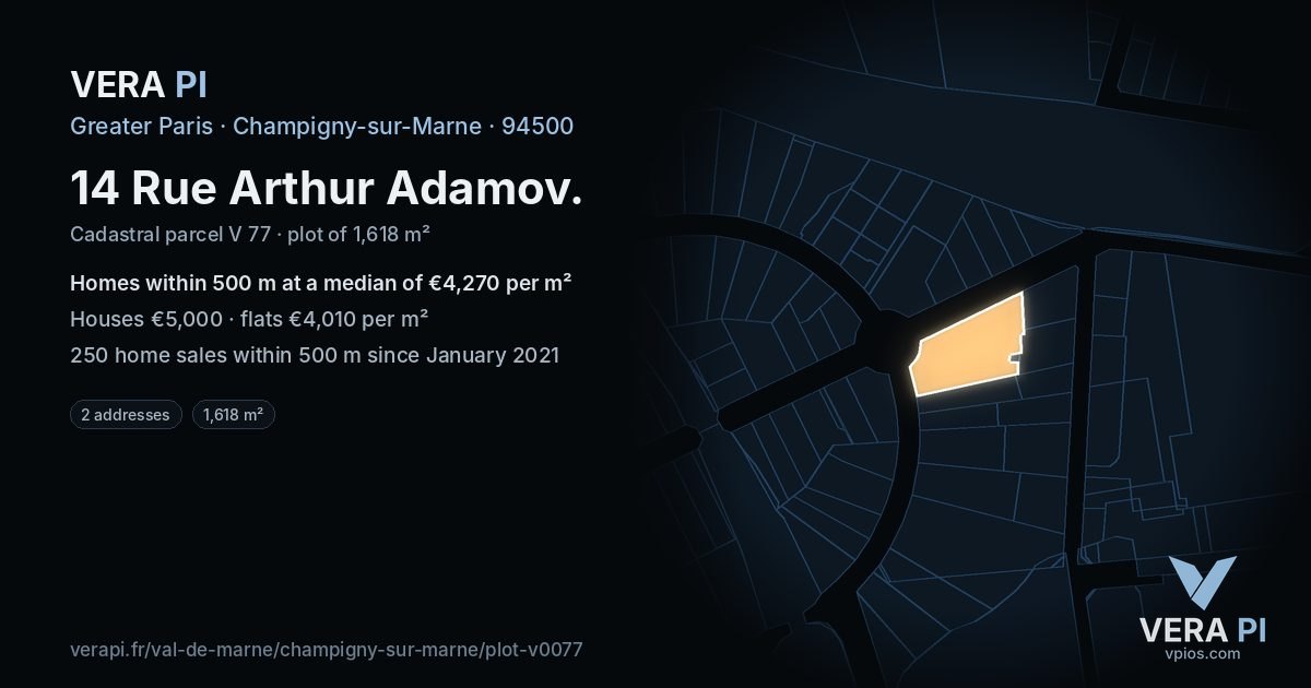 14 Rue Arthur Adamov, Champigny-sur-Marne at night – the plot lit, the parcels around coloured by the prices near them