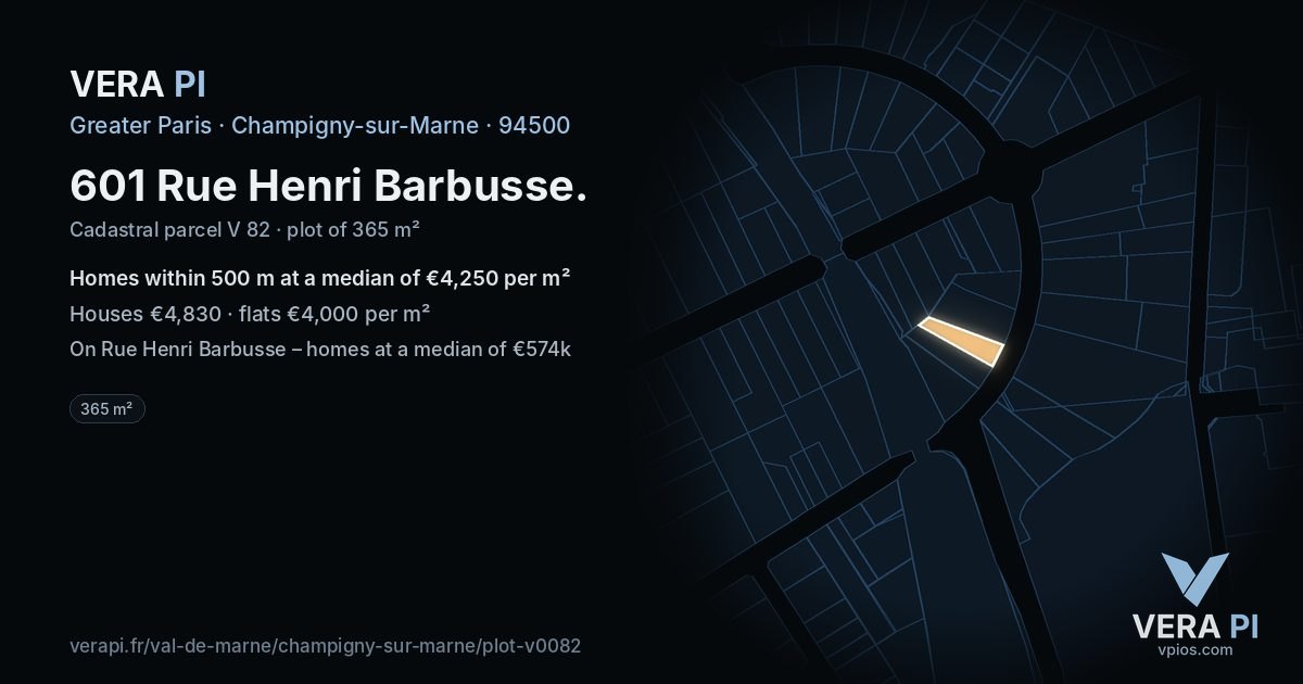601 Rue Henri Barbusse, Champigny-sur-Marne at night – the plot lit, the parcels around coloured by the prices near them