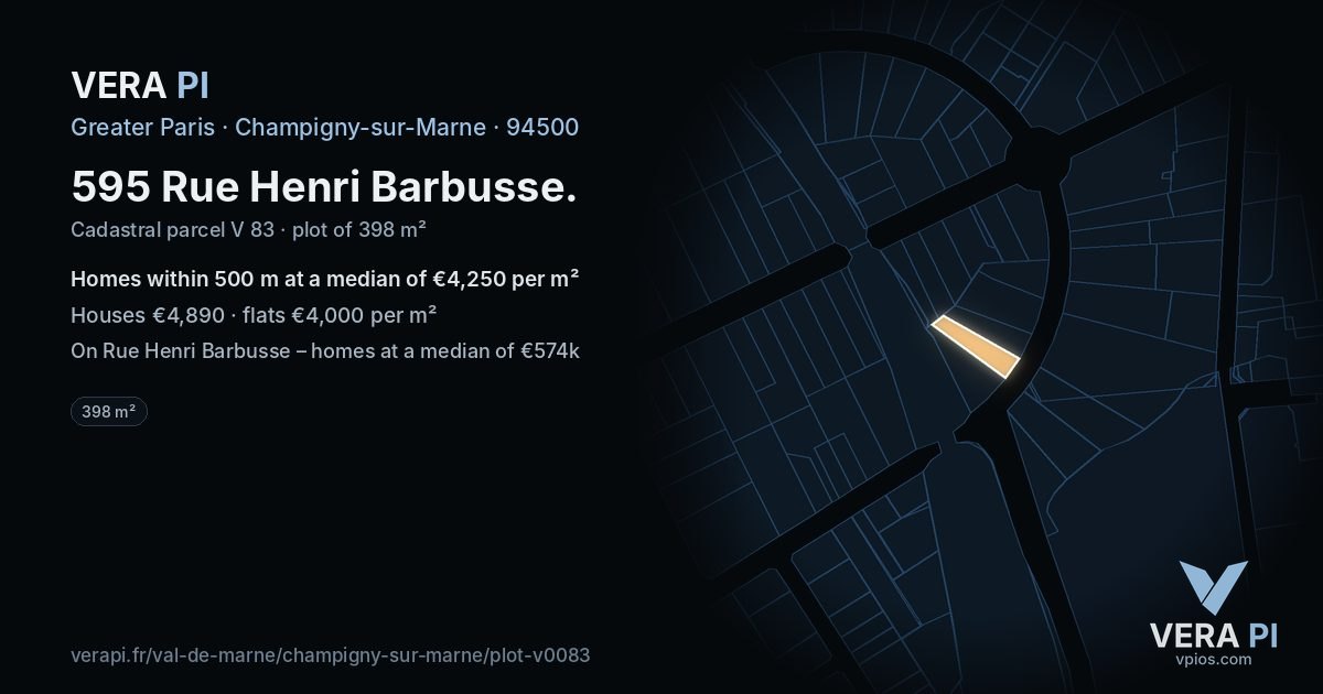 595 Rue Henri Barbusse, Champigny-sur-Marne at night – the plot lit, the parcels around coloured by the prices near them