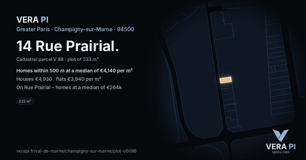 14 Rue Prairial, Champigny-sur-Marne at night – the plot lit, the parcels around coloured by the prices near them